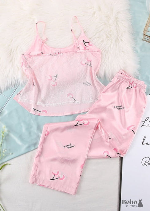 Boho Sleepwear, Pajamas Set, PJ Satin Black Lace, Blanche(12 Colors)